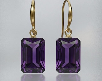 14K Gold Amethyst Dangle Earrings: Rectangle Purple Stone, February Birthstone, Christmas Gift