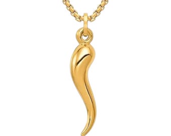 Gold Italian Horn Necklace: Sterling Silver Pendant, 24mm
