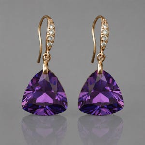 14K Gold Purple Amethyst Heart Drangle Earrings: February Birthstone