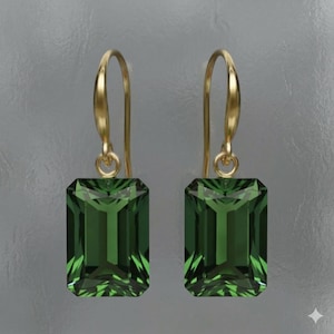 Brincos retangulares de turmalina verde em ouro 14K: brincos pendentes, pedra do mês de outubro.