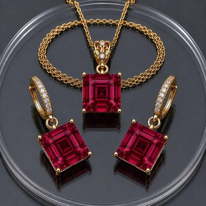 Puede incluir: Un conjunto de joyería en oro que consta de un collar y dos pendientes a juego. Cada pieza presenta una gran piedra preciosa de color rojo intenso con corte cuadrado. El colgante y los pendientes tienen pequeñas piedras claras y redondas.