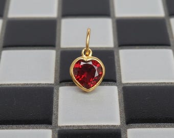 14k Gold Heart Charm with Natural Red Garnet - Handmade Pendant