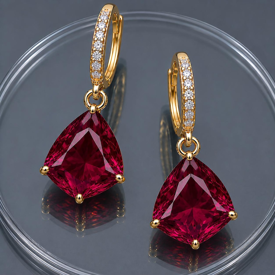 Vintage Kite Cut Ruby Earrings, Lab-created Red Gemstone, 14k Gold ...