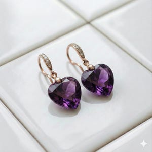 14K Gold Fill Purple Amethyst Heart Drangle Earrings: February Birthstone