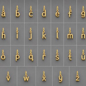 Puede incluir: Una colección de veintiséis dijes individuales de metal color dorado, cada uno con forma de letra minúscula del alfabeto de la a a la z. Cada dije cuenta con una pequeña argolla en la parte superior para colgar, con un acabado liso y pulido.