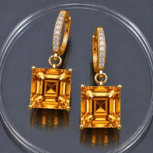 14K Gold Citrine Rectangle Dangle Earrings: Minimalist Jewelry, November Birthstone
