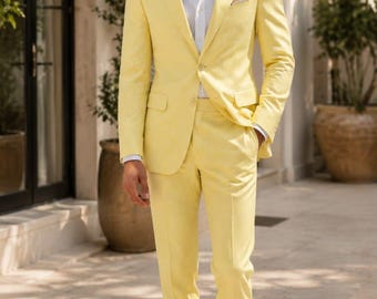 Costume homme en lin jaune mélangé – Élégant costume 2 pièces pour mariage et soirée d'été