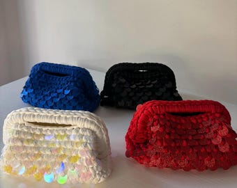 Clutch Raya | Clutch in fettuccia e paillettes | Pochette artigianale elegante | Idea regalo