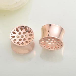 May include: Two rose gold-colored ear gauges. Each gauge has a flared, cylindrical shape with a decorative, openwork design on the front. The design features a pattern of small circles and petal-shaped cutouts. The gauges are smooth and shiny.