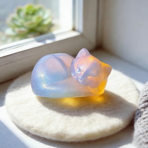 May include: A translucent, sleeping cat figurine with a gradient of colors, from blue to yellow, rests on a small, round, off-white felt pad. The cat is curled up, and the light catches its form, creating a soft glow.