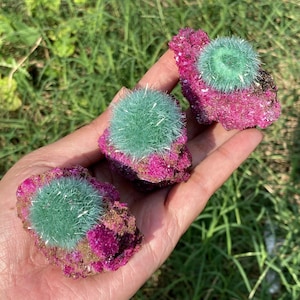 May include: Three mineral specimens featuring vibrant magenta crystalline bases topped with spherical clusters of fine, needle-like mint green crystals. Each piece displays a distinct contrast between the deep pink rock and the bright green mineral formations.
