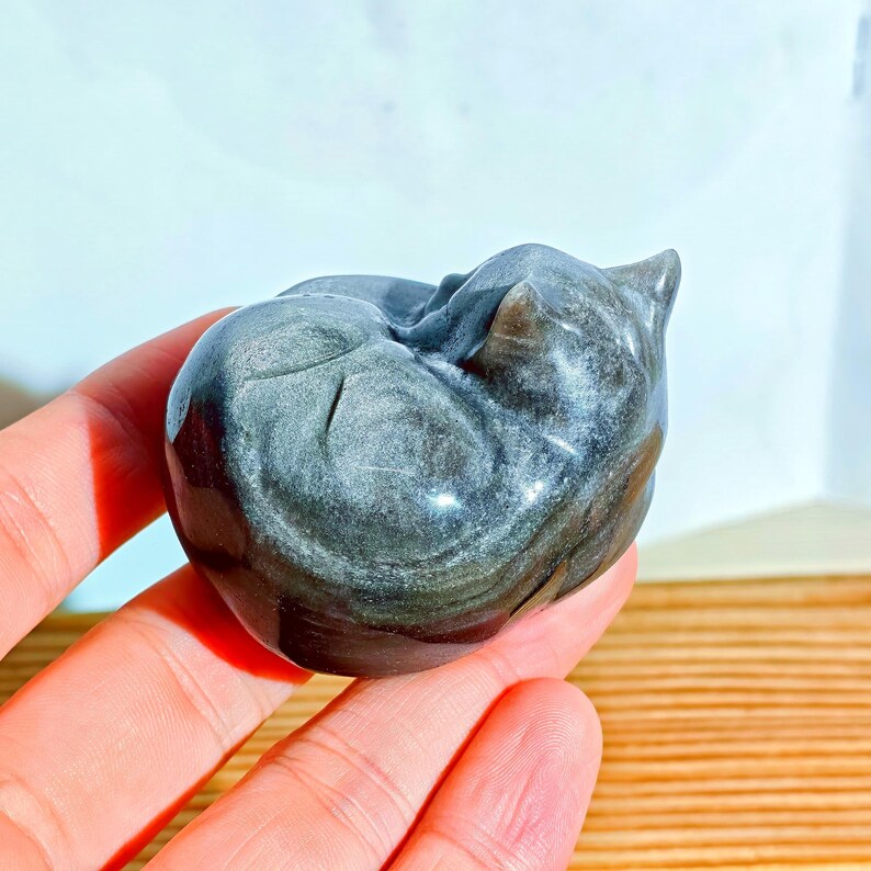 May include: A polished, gray cat figurine in a curled-up sleeping position. The stone sculpture has a smooth, reflective surface with subtle variations in color and texture. The cat's ears and tail are visible, and the overall shape is rounded.