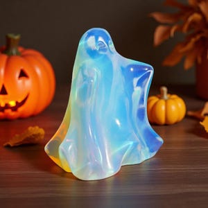 May include: A translucent, iridescent ghost figurine with blue and yellow hues. The ghost is standing upright, with a flowing, draped form. The background includes a carved orange pumpkin and a small pumpkin, suggesting a Halloween theme.