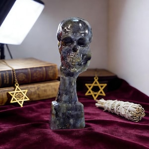 Puede incluir: Una escultura de calavera tallada en tonos grises y verdes, montada sobre una base rectangular. La escultura se exhibe sobre una superficie de terciopelo burdeos, con un colgante dorado de la Estrella de David y un manojo de salvia cerca.