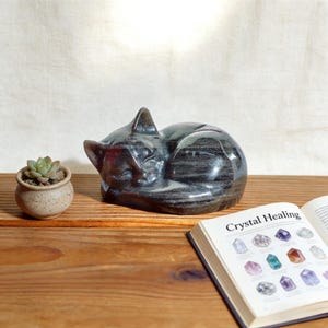 Silver Obsidian Curled Cat Carving Crystal Figurine image 1