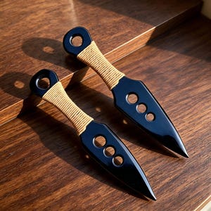 Puede incluir: Dos cuchillos kunai negros con mangos envueltos de color beige. Cada cuchillo tiene tres recortes circulares y una hoja puntiaguda. Los cuchillos se exhiben sobre una superficie de madera.