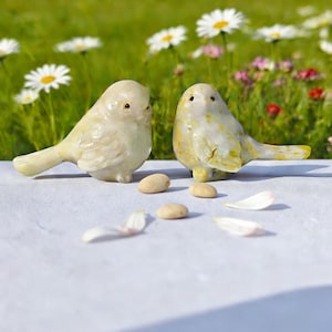 May include: Two cream and yellow ceramic bird ornaments with black eyes sit on a white surface. Small, tan pebbles and white flower petals are scattered around them. The background shows a blurred green field with daisies and other flowers.