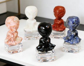 Multi Stone Carved Meditating Alien Figurine Set