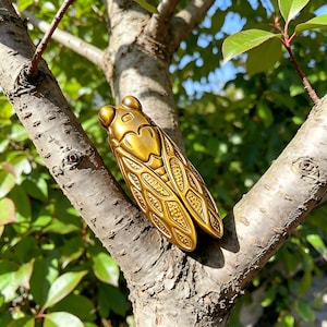 May include: A gold-coloured cicada sculpture is positioned on a tree branch. The insect is intricately detailed with textured wings and body segments. The sculpture's metallic finish reflects the sunlight. The background shows a blurred view of green foliage.