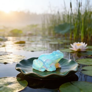 Puede incluir: Una figura de rana azul claro con reflejos iridiscentes se encuentra sobre una hoja de nenúfar de cerámica verde. La rana está en un estanque con hojas de nenúfar y un nenúfar blanco en el fondo. La escena está ambientada al aire libre con luz solar suave.