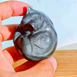 May include: A dark gray, polished stone sculpture of a bird, held in a hand. The stone has a metallic sheen and a smooth, rounded shape. The bird's features are subtly carved, with a pointed beak and a curved body. The sculpture is approximately 3 inches in height.
