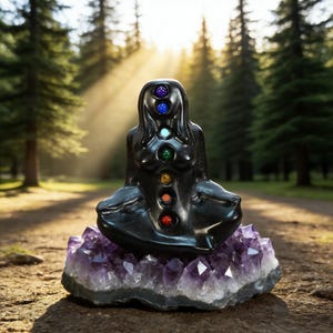 Op de afbeelding: Een zwarte sculptuur van een zittende figuur met zeven kleurrijke edelsteenaccenten die chakra's vertegenwoordigen. De figuur rust op een cluster van paarse amethistkristallen, tegen een achtergrond van een zonnig bos.