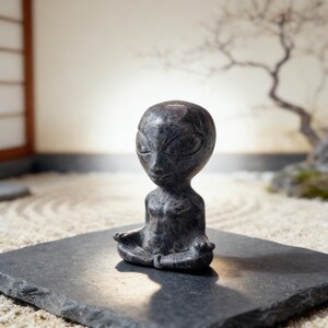 May include: A dark grey alien figurine in a seated yoga pose. The statue is on a dark grey rectangular stone, set against a zen garden backdrop. The alien has large eyes and is in a meditative position.