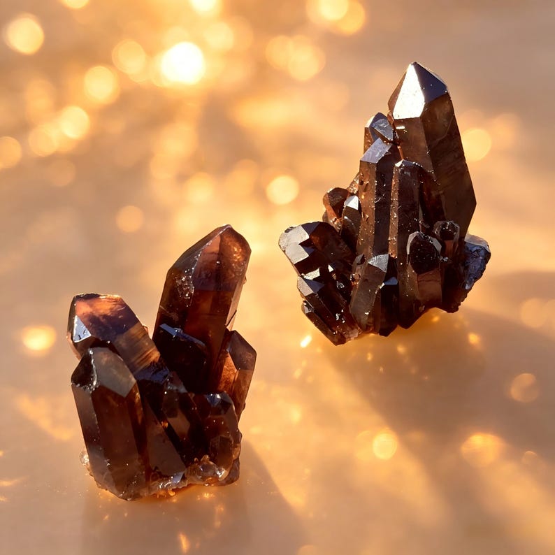 May include: Two clusters of dark brown smoky quartz crystals. The crystals have sharp, pointed terminations and a rich, translucent color. The background is a warm, golden hue with soft bokeh, enhancing the crystals' natural beauty.