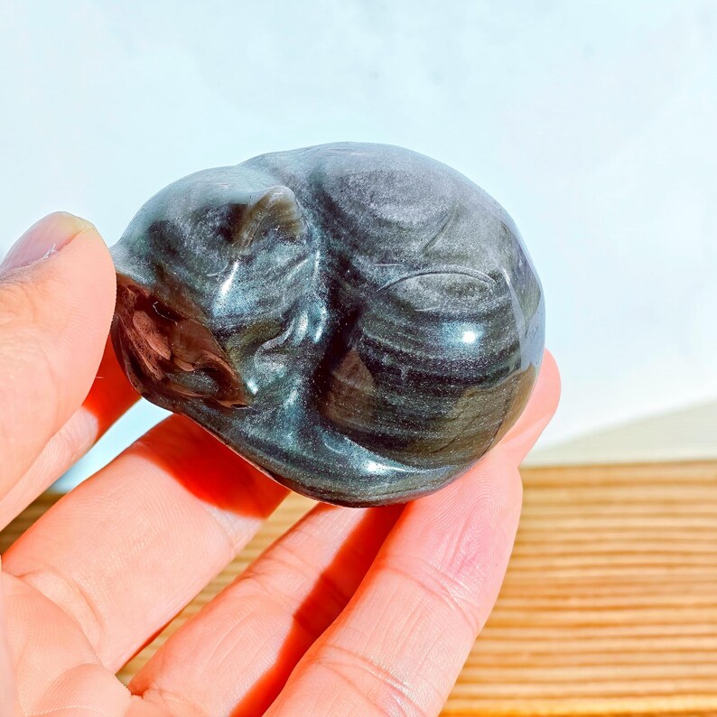 May include: A polished, dark gray gemstone carving of a curled-up cat. The stone has a swirling pattern and a glossy finish. The cat figurine is held in a hand, showcasing its size and detail.