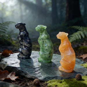 May include: Three gemstone panther figurines in black, green, and orange hues sit on a mossy rock. The sculptures are detailed, with a seated pose and attentive expressions. The background features a blurred forest scene with ferns and fallen leaves.