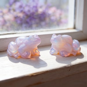 May include: Two opalescent frog figurines with a pearlescent sheen. The frogs are carved with detailed features and sit on a wooden surface. The background shows a blurred view of purple flowers through a window.