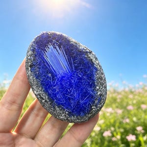 May include: An oval-shaped rock specimen featuring a hollow center filled with vibrant, deep blue needle-like crystals. The exterior of the stone is a textured, dark gray, and rough mineral crust that contrasts with the bright blue interior.