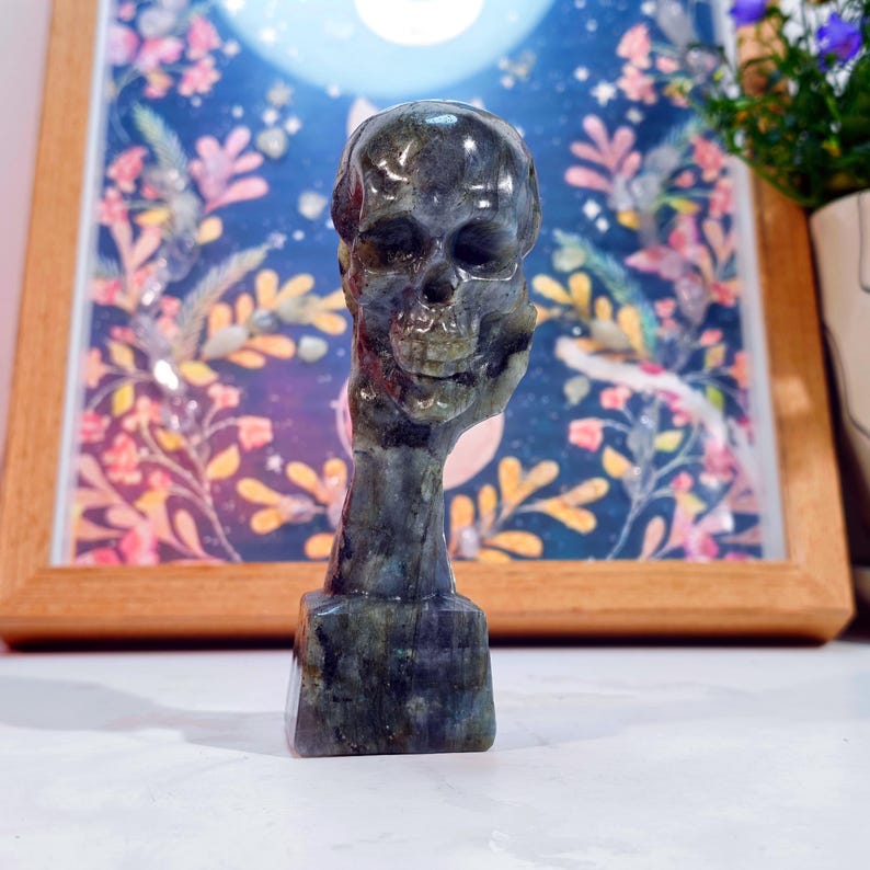 Puede incluir: Una escultura de calavera tallada en piedra oscura y moteada. La calavera es gris y verde con rasgos faciales detallados. La escultura est&aacute; montada sobre una base rectangular, un art&iacute;culo decorativo &uacute;nico.