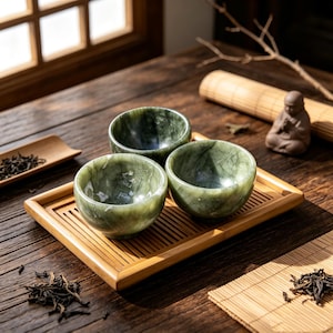May include: Three small, round, polished green stone cups with natural veining patterns arranged on a rectangular bamboo tea tray. The cups have a smooth, glossy finish and a deep, mottled forest green color with lighter white streaks throughout.