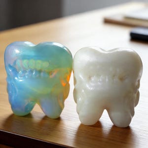 May include: Two decorative tooth-shaped objects. One is translucent with blue, green, and yellow hues, and the other is solid white. Both have detailed carvings of teeth and roots, and are displayed on a wooden surface.