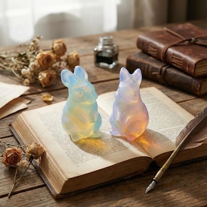 May include: Two opalescent rabbit figurines, one blue and one purple, sit on an open book. The bunnies have a soft, glowing appearance. A vintage inkwell, dried flowers, and leather-bound books are in the background.