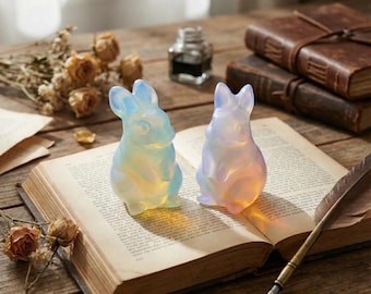 Opal Carved Rabbit | Iridescent Pink & White Gemstone Figurine