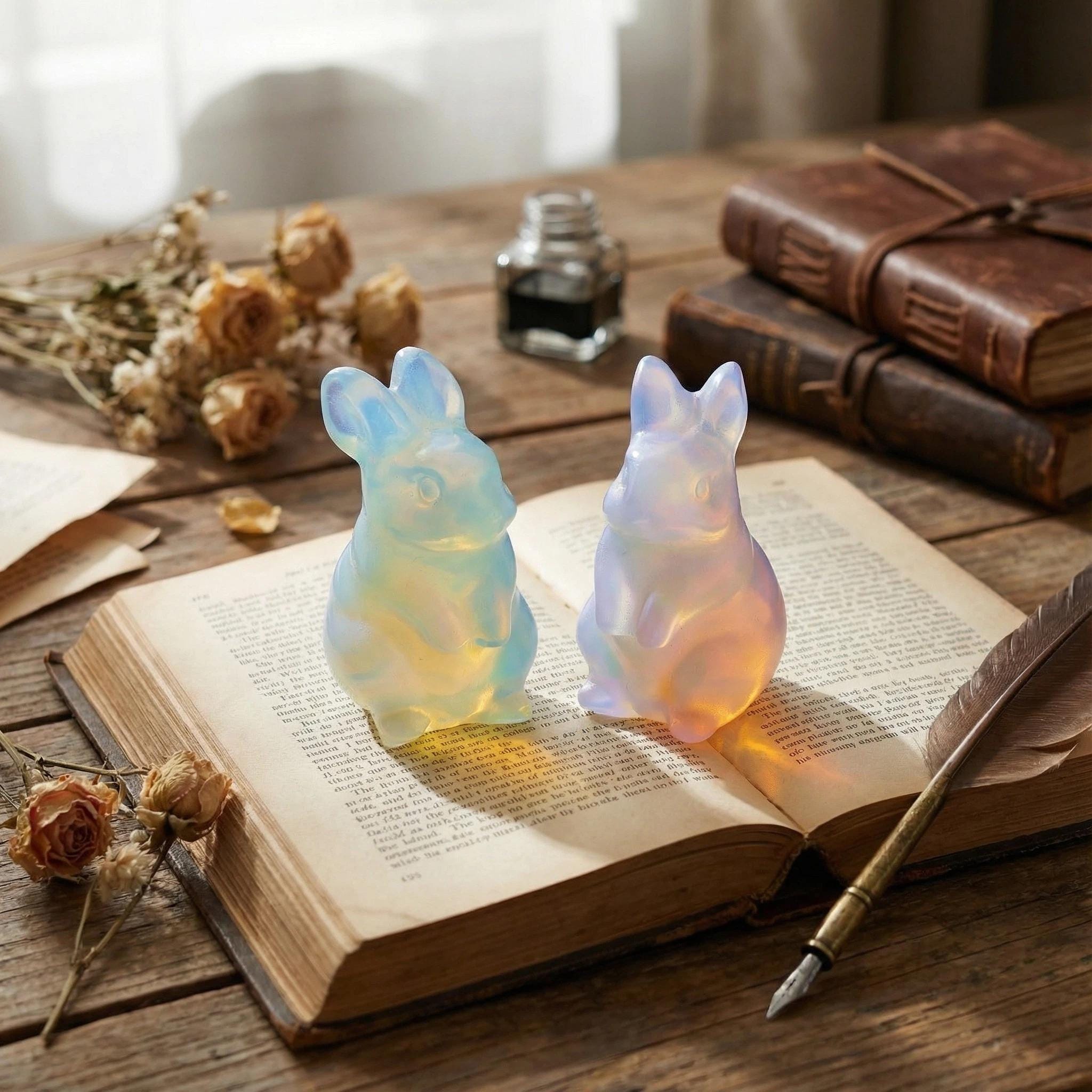 Opal Carved Rabbit | Iridescent Pink & White Gemstone Figurine - Etsy