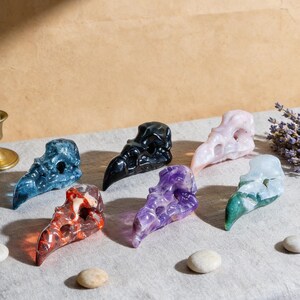 May include: A collection of carved raven skull figurines in various colors, including blue, black, pink, purple, red, and green. The skulls are made of polished stone and are arranged on a light-colored surface. Decorative and unique.