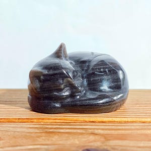 May include: A carved, sleeping cat figurine. The sculpture is a dark, swirling color, possibly obsidian or a similar stone. The cat is curled up, with its tail wrapped around its body. The figurine is resting on a wooden surface.