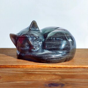 May include: A dark, glossy cat figurine in a curled-up sleeping position. The sculpture has a smooth, polished surface with subtle color variations. The cat is resting on a wooden surface.