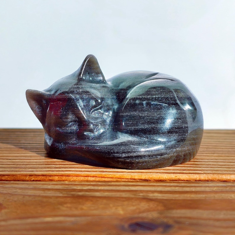 May include: A dark, glossy cat figurine in a curled-up sleeping position. The sculpture has a smooth, polished surface with subtle color variations. The cat is resting on a wooden surface.