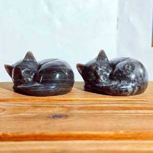 May include: Two polished, dark gray cat figurines in a curled-up sleeping position. The cats are made of a stone material with a striped pattern. They are resting on a wooden surface.