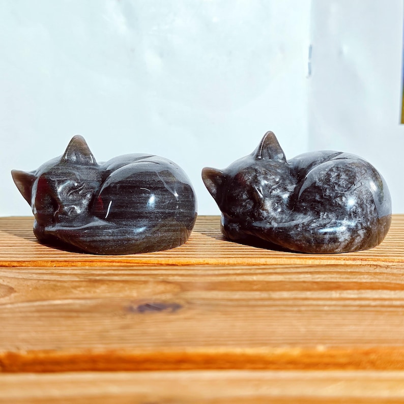 May include: Two polished, dark gray cat figurines in a curled-up sleeping position. The cats are made of a stone material with a striped pattern. They are resting on a wooden surface.