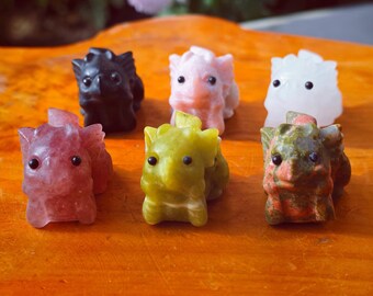 Hand-Carved Crystal Baby Dragon Figurine Set: Strawberry Quartz, Calcite, Obsidian