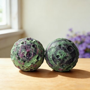 Ruby in Zoisite Moon Carving, Hand Carved Crystal Sphere, Red Green Stone Celestial Gem