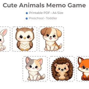 Puede incluir: Un juego de memoria imprimible con ilustraciones de animales lindos. El juego incluye un conejo blanco, un búho, un cachorro, un gatito, un erizo y un zorro. El texto en la parte superior dice "Cute Animals Memo Game". Para preescolares y niños pequeños.