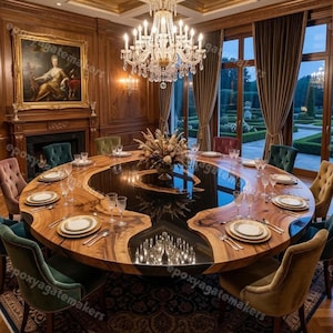 May include: A large, circular dining table with a dark, glossy epoxy resin centre and a natural wood edge. The table is set for a formal dinner with place settings for twelve people. A crystal chandelier hangs above.