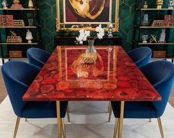 Handmade Red Agate Stone Table Top: Luxury Gemstone Furniture