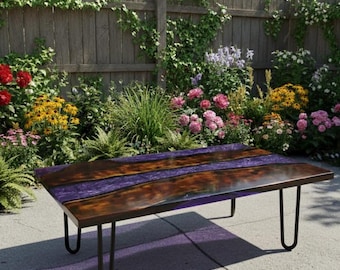 Handmade Purple Epoxy River Coffee Table | Natural Wood Center Table